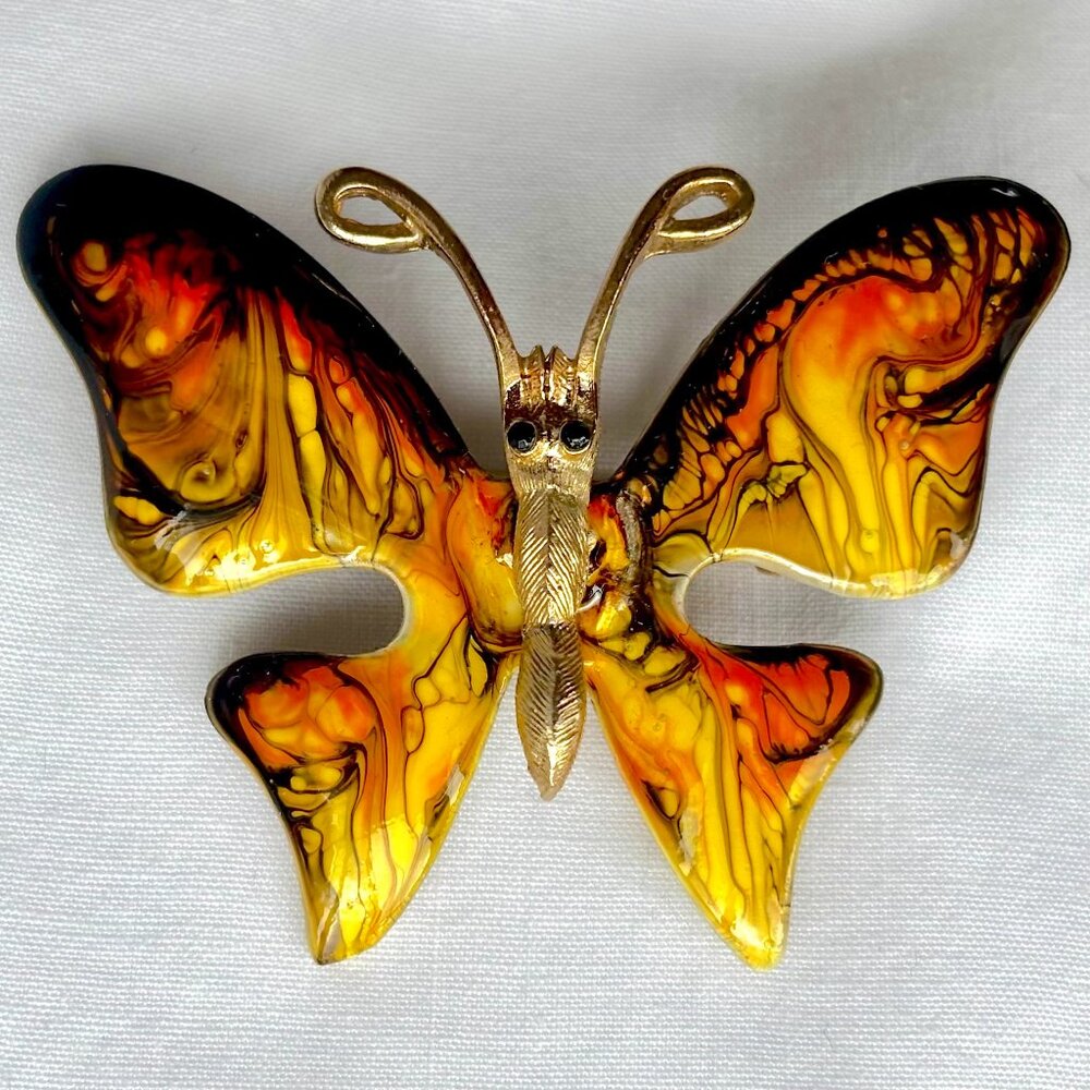 Vintage NOS 1960s Emmons Swirled Enamel Goldtone Butterfly Brooch Pin